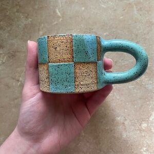 Checkered Ceramic Espresso Mug in Teal and Tan